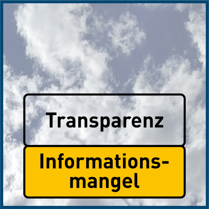 Piktogramm eines teilweise durchsichtigen Verkehrsschildes mit den Texten "Transparenz" und "Informationsmangel".